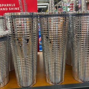 3 (Three) Starbucks 2023 Holiday Metallic Mirror Silver Grid Disco Venti Tumbler